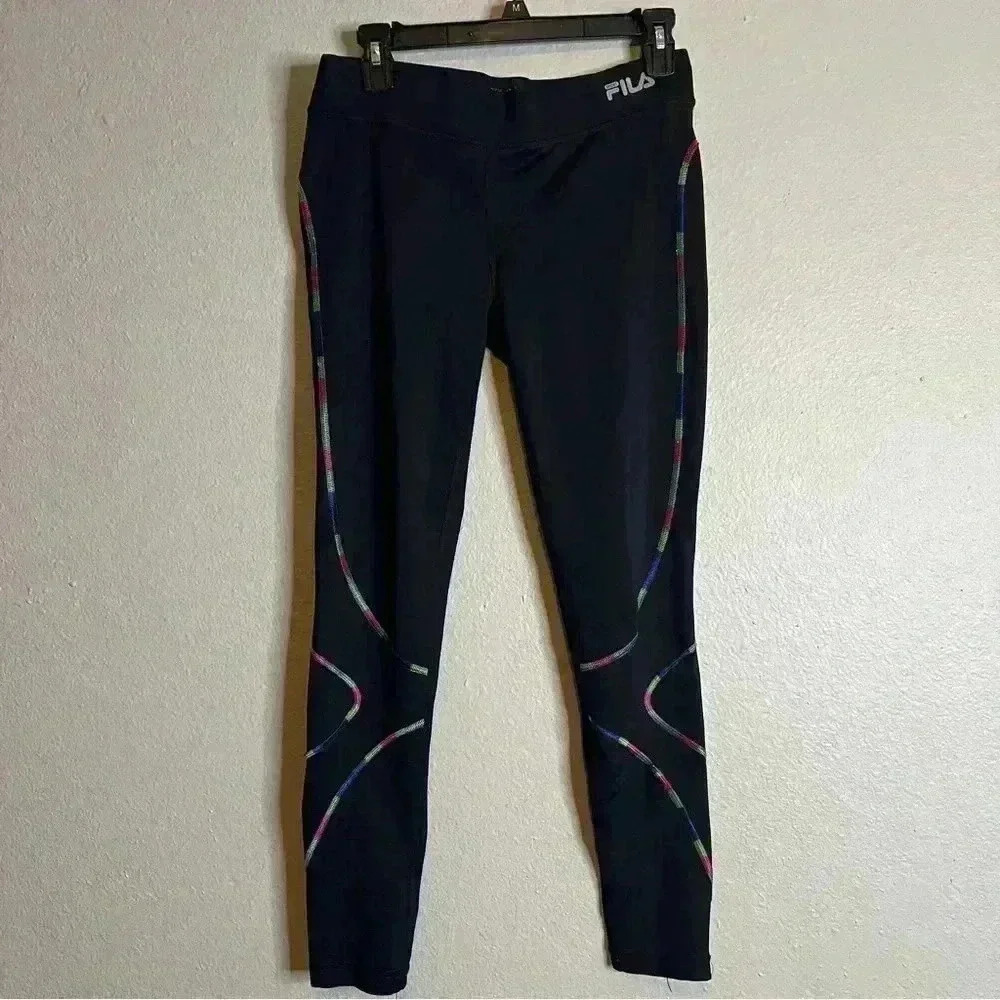 FILA Black Rainbow Stitch Workout Stretch Yoga Running Pants Small